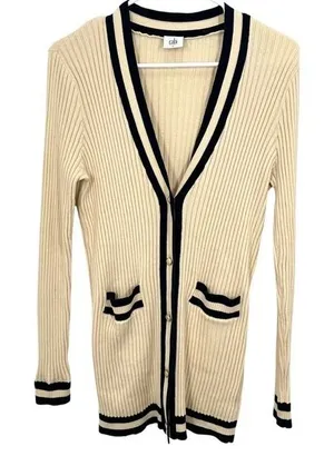 Cabi Size Small Cardigan Cream Navy Ribbed Knit Academia‎ Career Preppy Coastal thumbnail 1