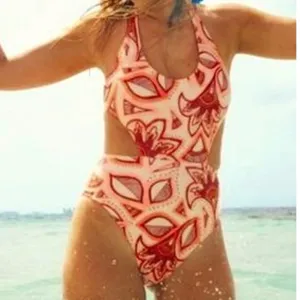 Aerie Swimsuit One Piece Womens Medium Orange Floral Geometric Cut Out Halter thumbnail 1