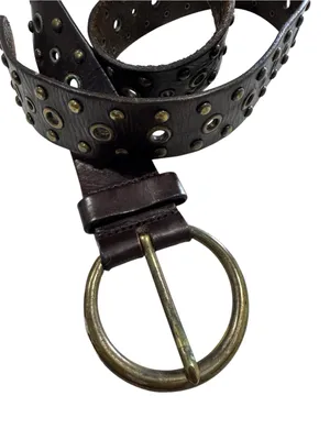Fossil Dark Brown Genuine Leather Eyelet Studded Belt Round Brass Buckle thumbnail 6
