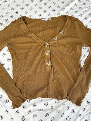 O’neill Women’s Large Crop Top Button Up Ribbed Long Sleeve Shirt Brown Tan thumbnail 1