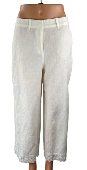 NEW Zara Women's White Floral Embroidered Lace Hem Wide Leg Trousers Pants Sz M thumbnail 1