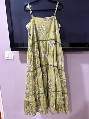 Olive Green Serengue Printed Tiered Maxi Dress with Spaghetti Straps thumbnail 3
