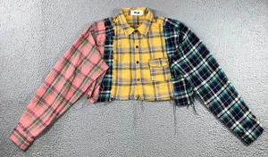 Patchwork Flannel Shirt Women L Cropped Colorblock Plaid‎ Grunge Punk Raw Hem thumbnail 1