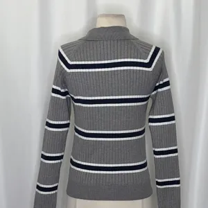 BOHME Striped Polo Henley Sweater Gray Navy Blue White Buttons Pullover Large thumbnail 9
