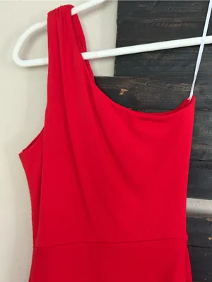 Lulus Centered on Style Red One-Shoulder Bodycon Ribbed Midi Dress Ruched Slit thumbnail 7