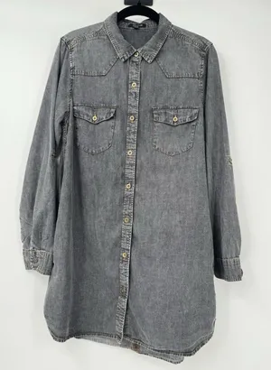 Timing Chambray Cotton Shirt Dress M Pockets Dark Grey Roll Tab Sleeve Summer thumbnail 1