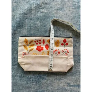 Cream Red Orange Leaf Cotton Canvas Small Makeup Bag Travel Toiletry Pouch thumbnail 4