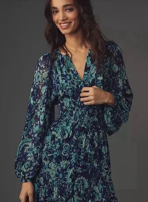 Anthropologie Long- Sleeve Somerset Mini Dress Blue floral navy thumbnail 1