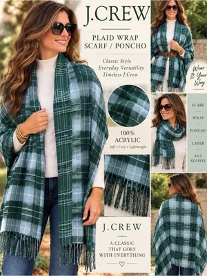 J.CREW Women's Green Gray Plaid Fringe Knit Acrylic Wrap Scarf thumbnail 2