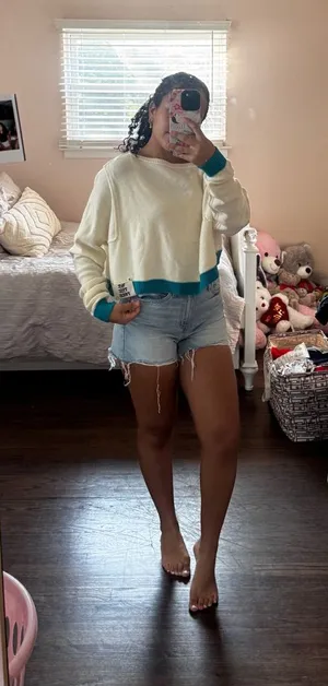 We The Free Cream Cropped Crew Sweater with Teal Trim thumbnail 1