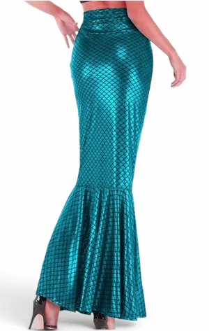 Mermaid Skirt floor length, green metallic fish scales pattern, lined, size S thumbnail 1