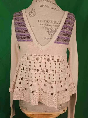 Free‎ People Womens Cream & Purple Deep V Neck Wool Blend Knit Sweater Large thumbnail 1