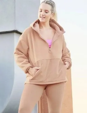 Fabletics Lotta Sherpa Half Zip Hooded Sweatshirt Jacket in peach tan thumbnail 1