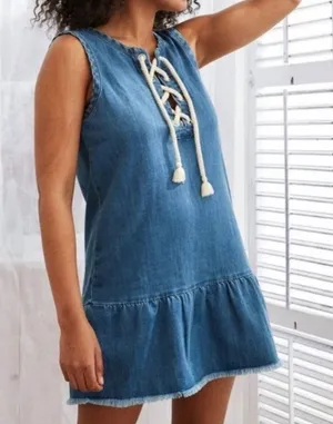 Aerie Denim Lace Up Grommet Shift Dress Medium Wash Ruffle Hem Fringe Large‎ thumbnail 1