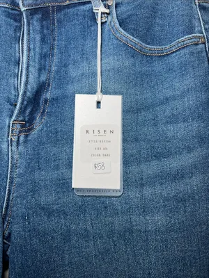 Risen Jeans High Rise Wide Leg Distressed Hem Blue Denim Jeans thumbnail 2