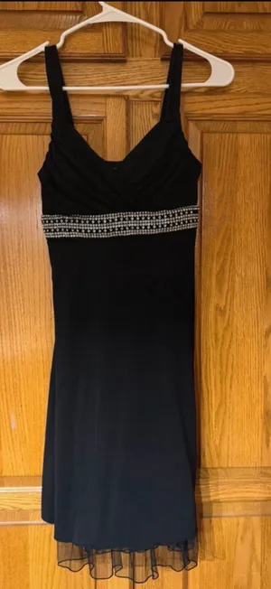 Black mini dress with silver beaded trim and sheer hem, size S #glamour #party thumbnail 1
