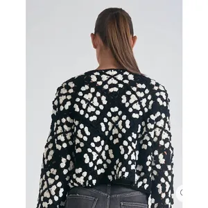 Elan Kylee Macrame Crochet Cropped Cardigan in Black/White, S thumbnail 2