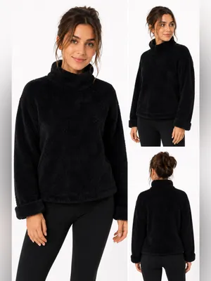 GapBody Women’s Black Fuzzy Sherpa Pullover Size Small Mock Neck Cozy Lounge thumbnail 2