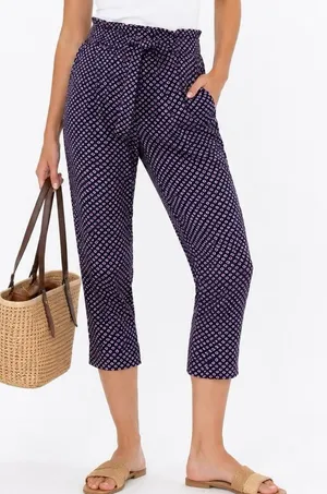 Gap Cropped Paperbag Waist Pants Navy Print Tie Waist Size 8 Capri thumbnail 1
