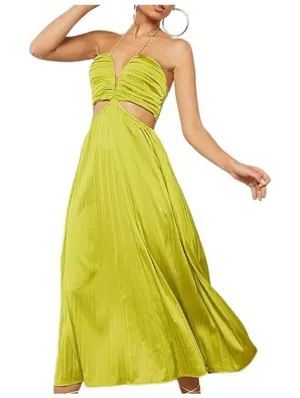 SheIn Olive Green Satin Cut Out Maxi Dress Sz Lg thumbnail 1