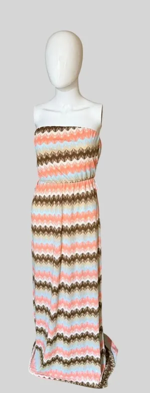 Wishful Park Strapless Maxi Dress in Coral, Light Blue & Brown Chevron thumbnail 1