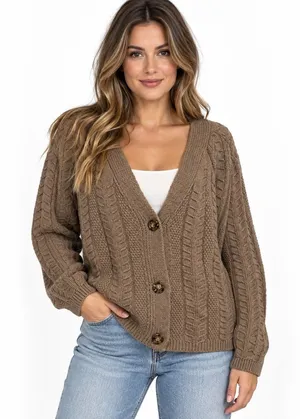 Easel Cardigan M Brown Cable Knit V-Neck Button Front Sweater ET15721 thumbnail 1
