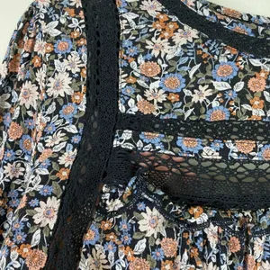 American Eagle Black Floral Lace Trim Long Sleeve Open Tie Back Blouse Size L thumbnail 6