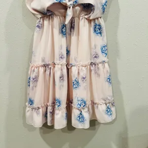 Floral Tie Front Tiered Ruffle Mini Dress Pink/Blue Rose Smocked Back Summer - L thumbnail 3