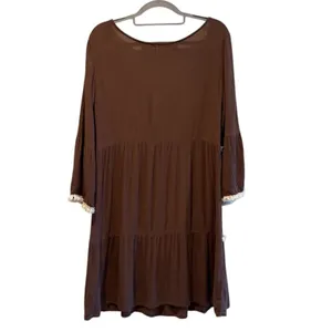 Umgee Babydoll Mini Dress Brown Boho Fringe Tiered Bell‎ Sleeve Women Size L thumbnail 4
