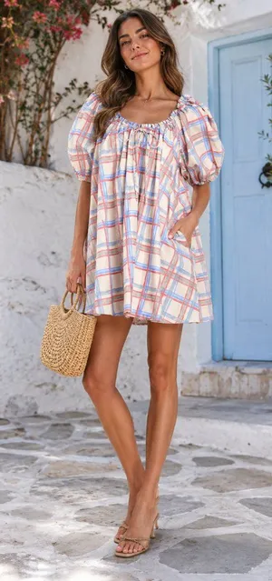 Jacquie the Label Emma Cotton Oversized Mini Dress Blue Multi Size Small thumbnail 1