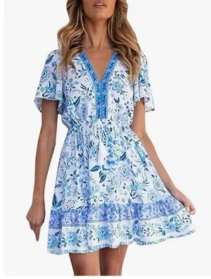 NEW Floral V Neck Casual Short Sleeve Dress Mini Boho Ruffle L thumbnail 1