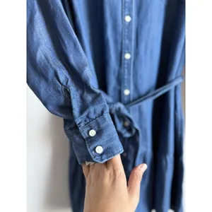 LOFT Chambray Flounce Shirt Dress Tie Waist Long Sleeve Blue Women Large Coastal thumbnail 7