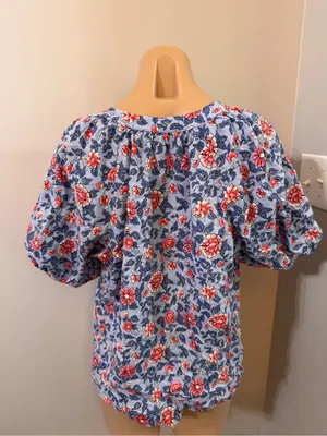 Loft Peasant Floral Top Tie Blouse Medium Blue Pink thumbnail 4
