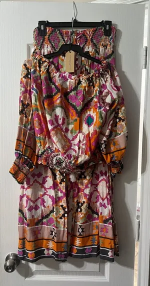 Boho Off-Shoulder Smocked in Pink & Orange thumbnail 1
