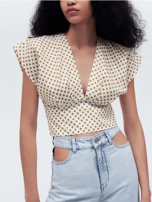ZARA Linen Blend Polka Dot Crop Deep V Neck Tie Back Blouse Top White Mustard M thumbnail 1