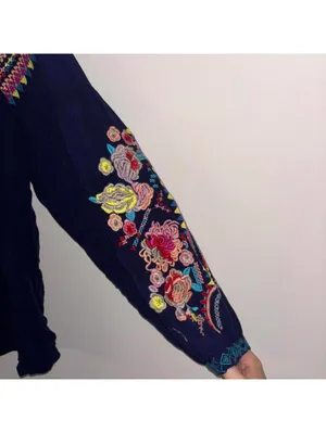 Solitaire Blue V Neck Boho Floral Embroidered Long Sleeve Blouse Tunic thumbnail 4