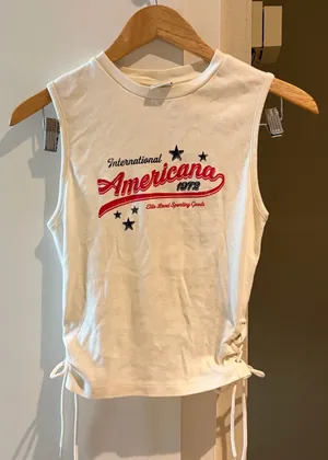 Urban outfitters white cute cotton graphic tank top with lace up side thumbnail 1