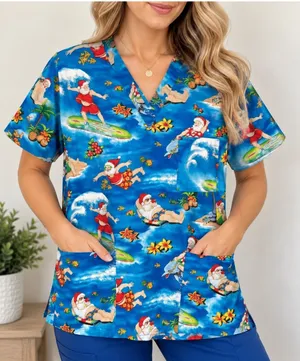 Peaches Uniforms Large Tropical Santa Christmas Scrub Top Surfing Hawaiian thumbnail 1