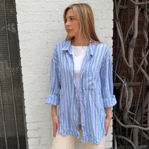 Aritzia Wilfred Free blue linen striped button up shirt Size 3 / XL thumbnail 2