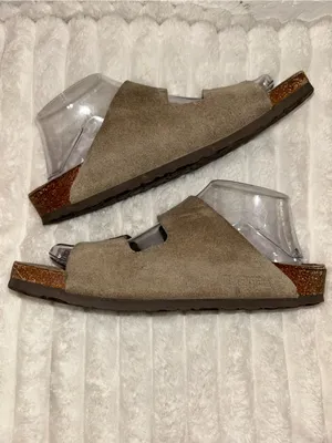 Birkenstock Taupe Suede Two-Strap Sandals with Gold Buckles thumbnail 5
