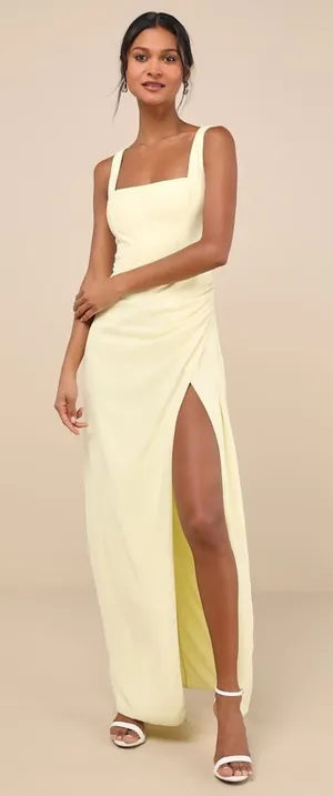 NWT Lulus Glamorous Disposition Light Yellow Ruched Maxi Dress Bridesmaid Sz L thumbnail 1