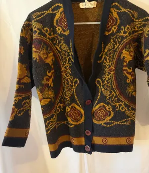 Jones New York Vintage-Inspired Navy and Mustard Button-Up Cardigan Sweater thumbnail 1