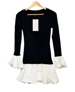 Black Ribbed Long Sleeve Mini Dress White Bubble Hem Ruffle Cuffs XS thumbnail 1