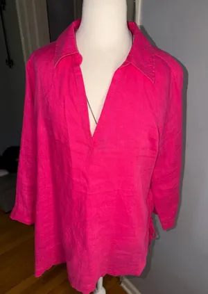 Isaac Mizrahi 100% Linen Bright Pink Linen V-Neck Tunic thumbnail 1