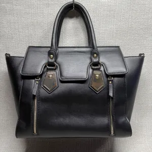 Black Faux Leather Satchel Handbag‎ Large Tote Purse Gold Hardware Edgy Workwear thumbnail 1