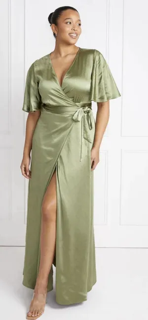Six Stories Sage Green Satin Wrap Maxi Dress Women UK 22 Flutter Sleeve NWT $199 thumbnail 1