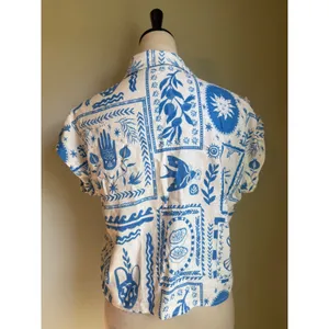 Calypso St Barth Blue White Linen Palm hamsa‎ tie Crop Top Shirt M boho beach thumbnail 3