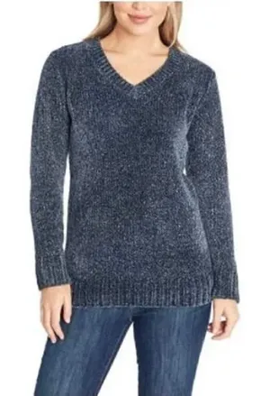 Orvis Marled Navy Blue Chenille Knit‎ V-Neck Sweater L thumbnail 1