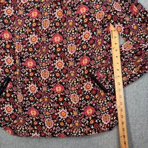 LOFT Women's Medium Black Red Pom Pom Trim Long Sleeve Blouse Top Keyhole thumbnail 8