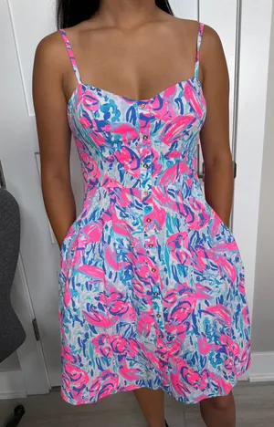 Lilly Pulitzer Pink & Blue Faux Button-Front Mini Dress Structured Bodice Size 4 thumbnail 1
